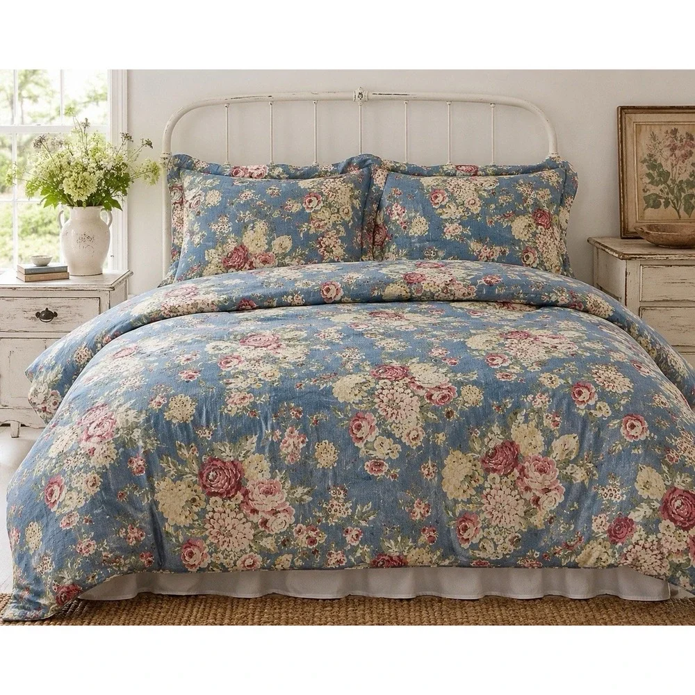 VTG 90s Eddie Bauer Home King Duvet & 2 King Shams Blue Cabbage Rose Cotton
